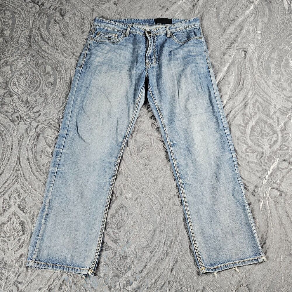 TK Axel Jeans Mens 36x29 Blue Embroidered Distressed Relaxed Straight Grunge